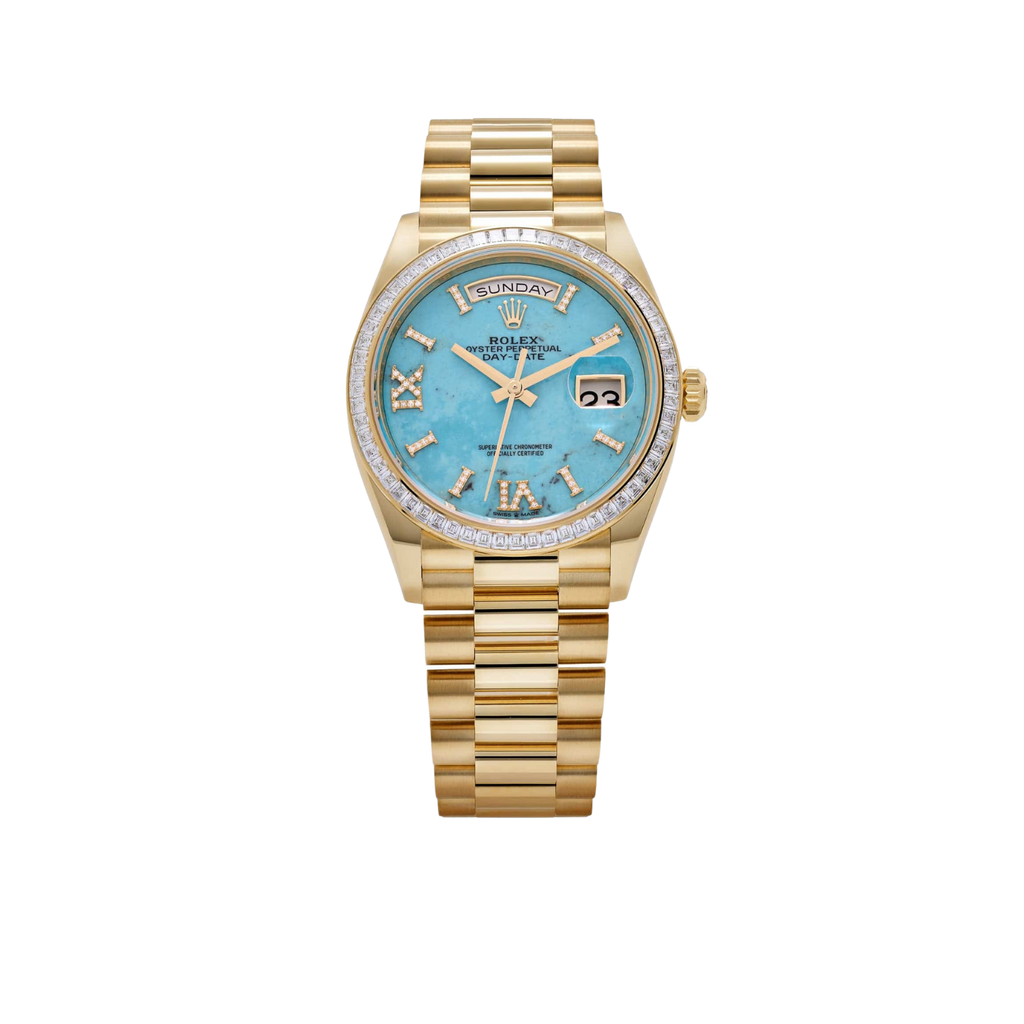 Day-Date 36mm Yellow Gold Turquoise Stone Diamond Roman Numerals Dial Diamond Bezel 128398TBR