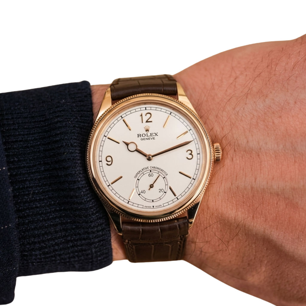 Perpetual 1908 39mm Yellow Gold White Dial Brown Alligator Leather Strap m52508-0006