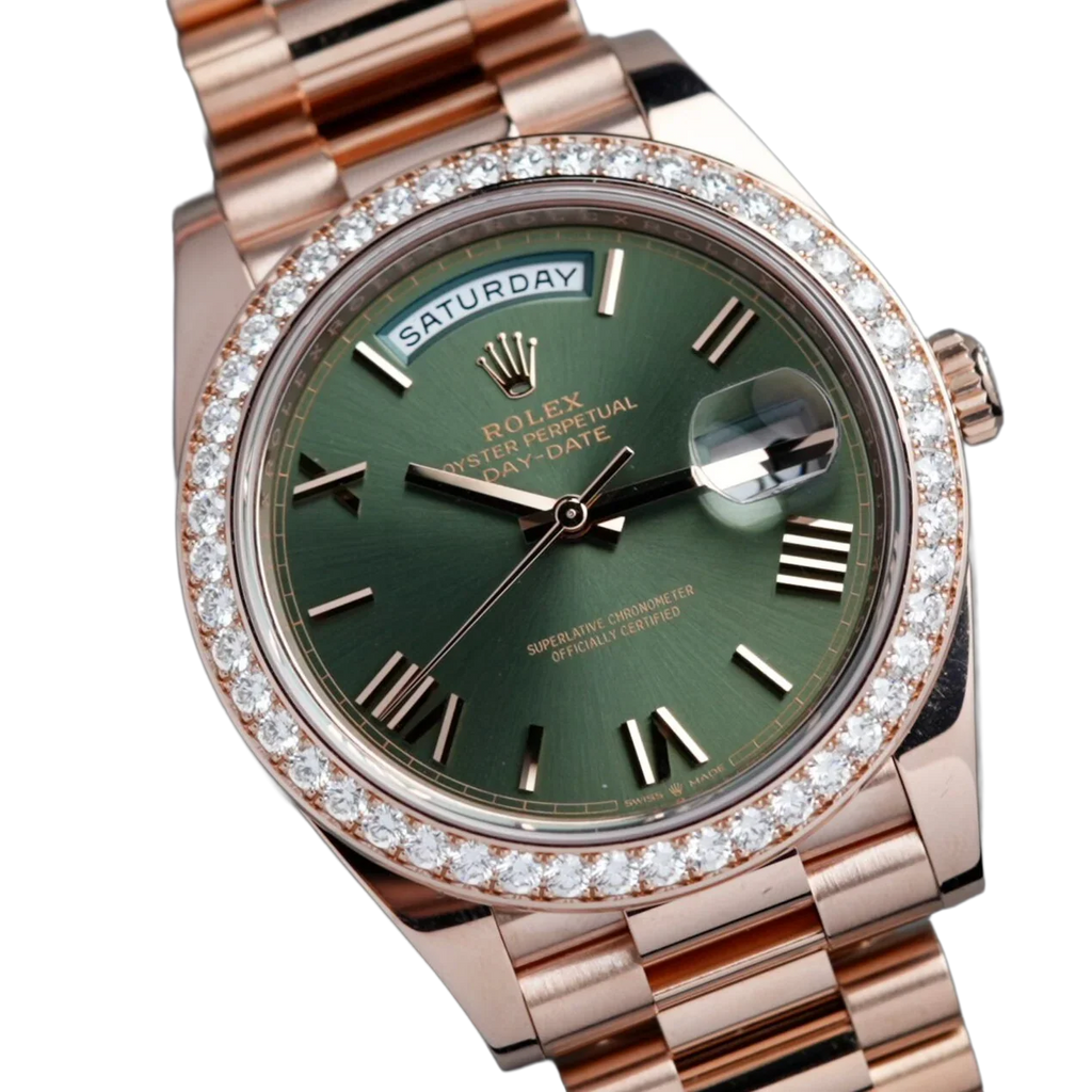 Day-Date President 40mm Everose Gold Olive Green Roman Dial Diamond Bezel - 228345RBR - New 2025