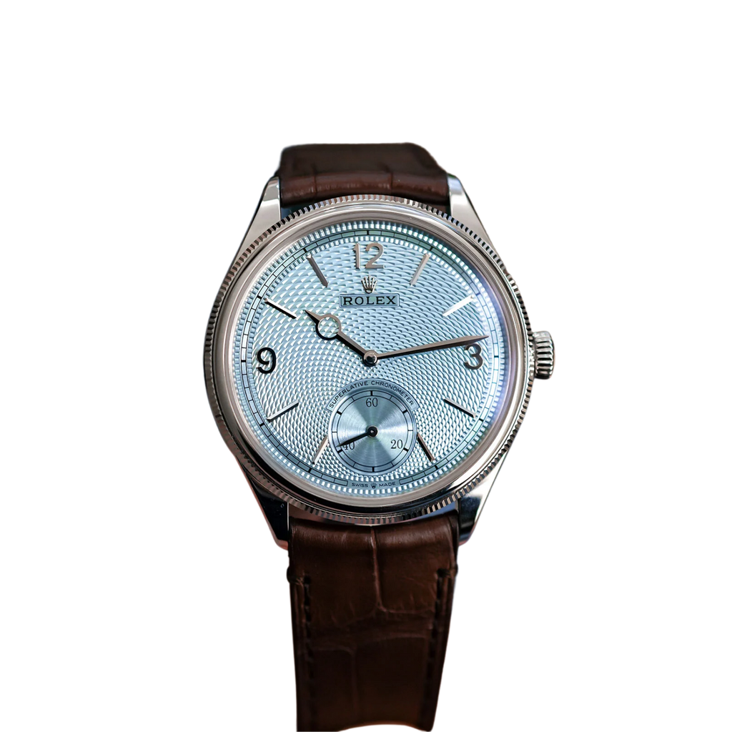 Perpetual 1908 39mm White Gold Platinum Ice Blue Dial Brown Alligator Leather Strap m52506-0002