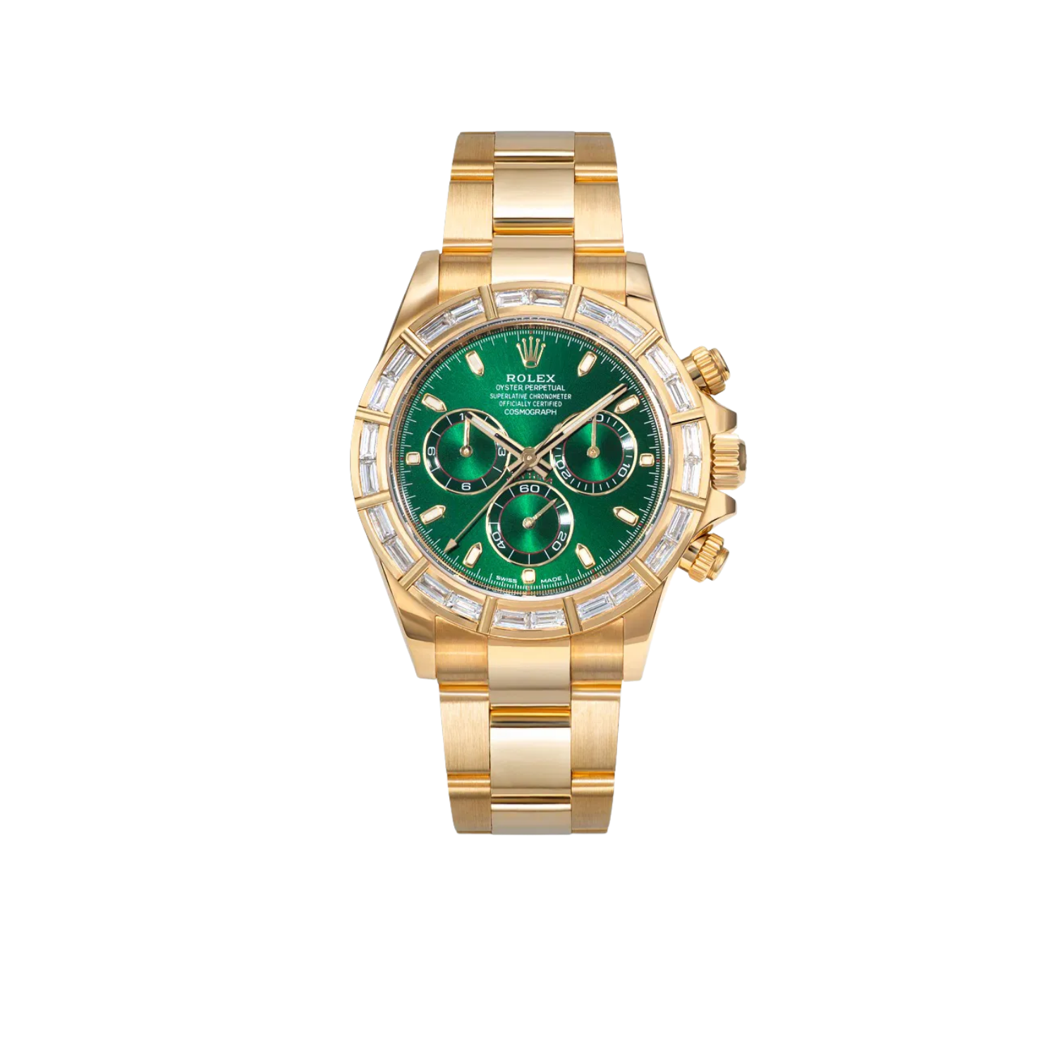 Daytona 40mm Green Dial 18K Yellow Gold Baguette Diamond Bezel Watch 116568BR (Super Clone)