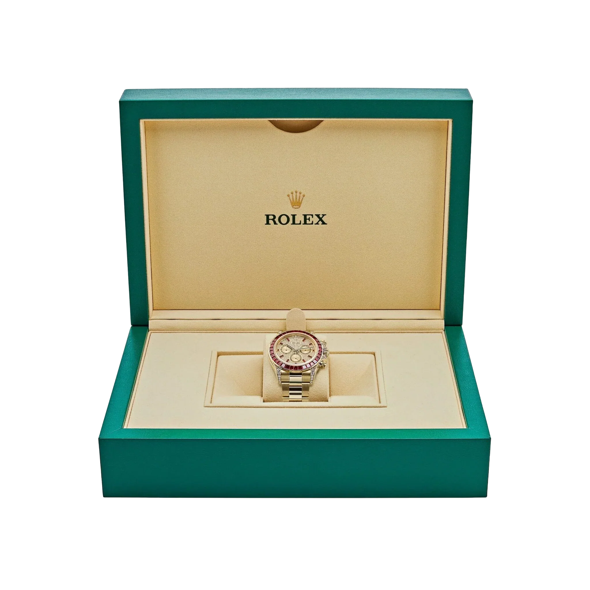 Daytona 126598TRU Yellow Gold Ruby Bezel Diamond Pave Dial