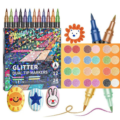 12pcs Dual-Tip Dual-Color Glitter Brush Pen