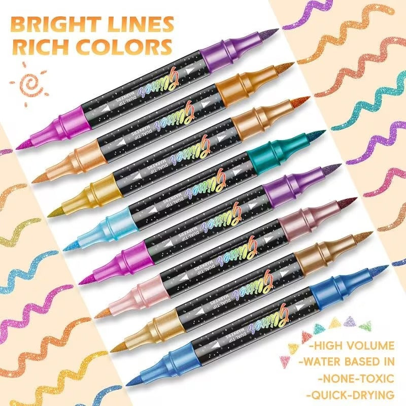12pcs Dual-Tip Dual-Color Glitter Brush Pen