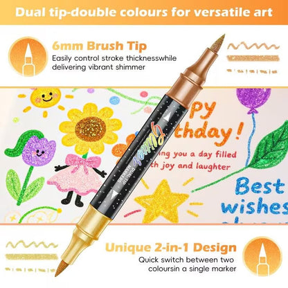 12pcs Dual-Tip Dual-Color Glitter Brush Pen