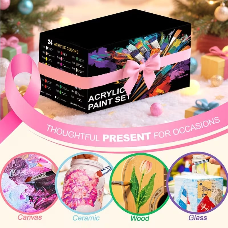 24 Colors Acrylic Paint Set with 12 Art Brushes