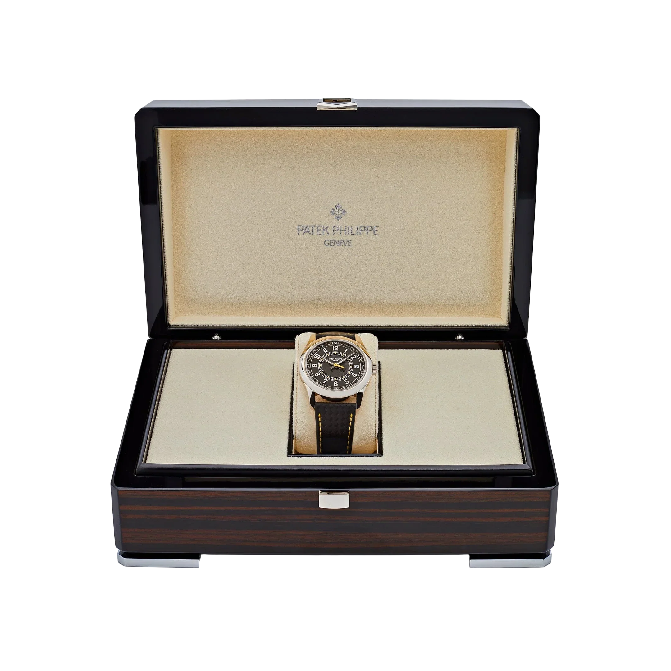 Calatrava 40mm 6007G-001 White Gold Black Dial Yellow Accents