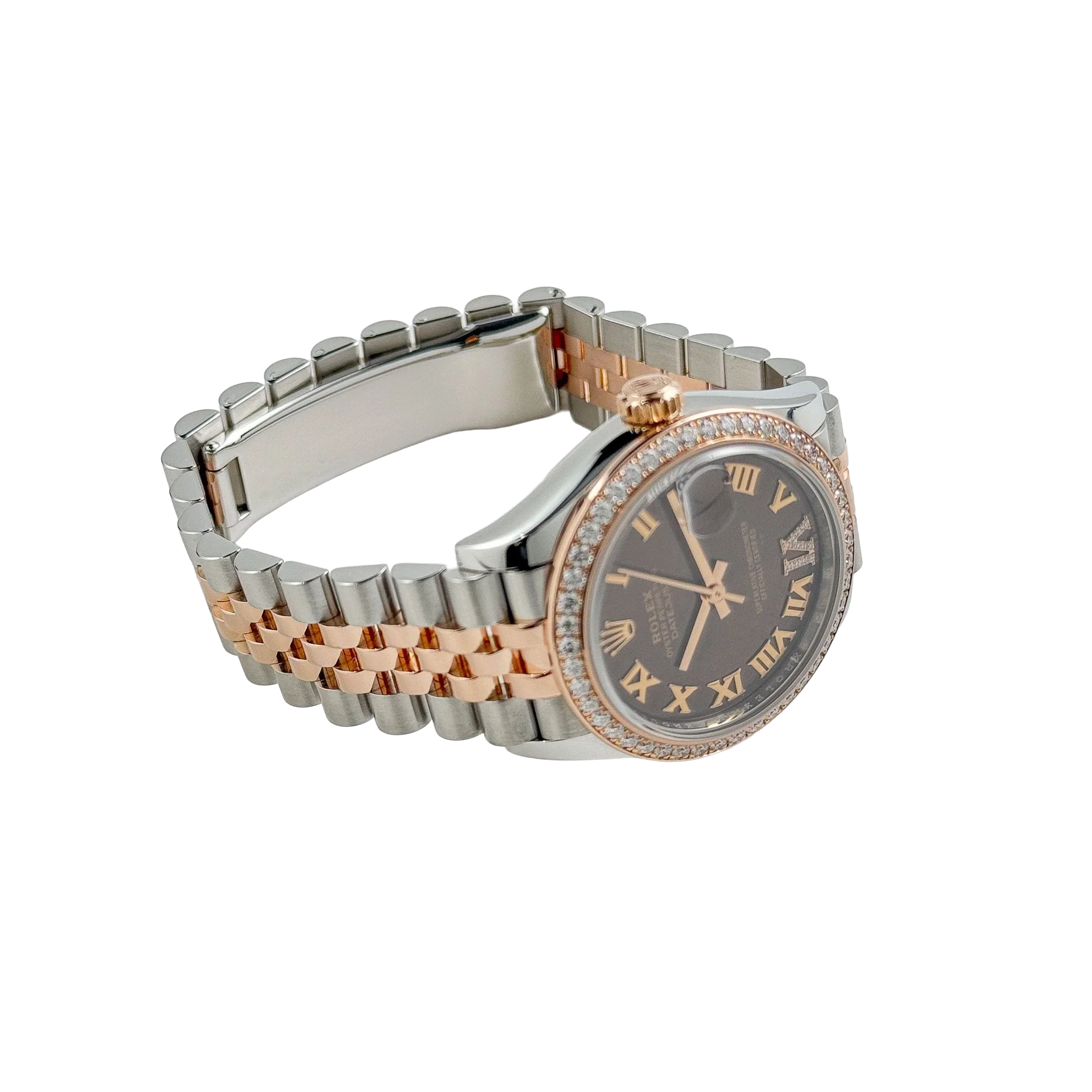 Lady-Datejust 31mm 278381RBR Stainless Steel Rose Gold Brown Roman Numerals Diamond Dial Diamond Bezel Jubilee