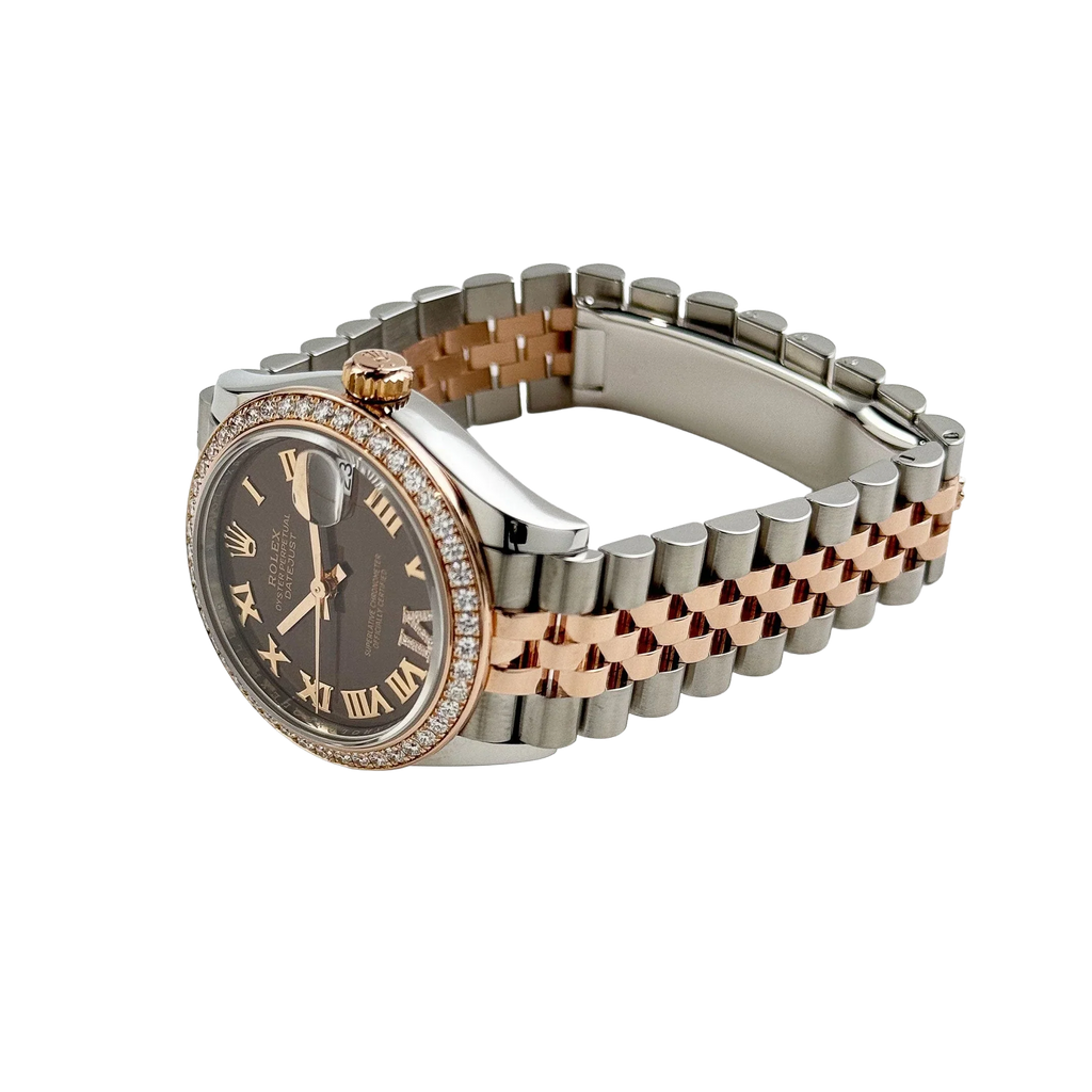 Lady-Datejust 31mm 278381RBR Stainless Steel Rose Gold Brown Roman Numerals Diamond Dial Diamond Bezel Jubilee