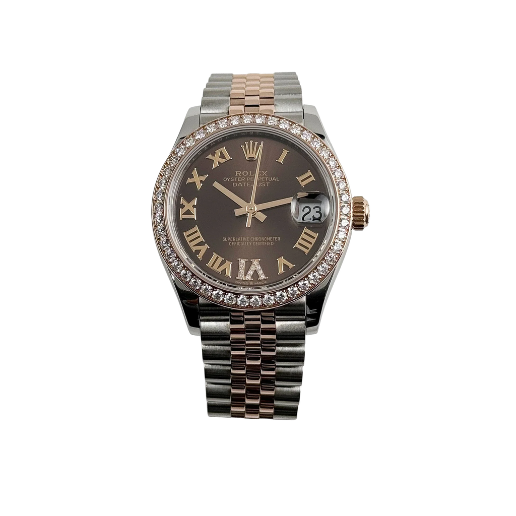 Lady-Datejust 31mm 278381RBR Stainless Steel Rose Gold Brown Roman Numerals Diamond Dial Diamond Bezel Jubilee