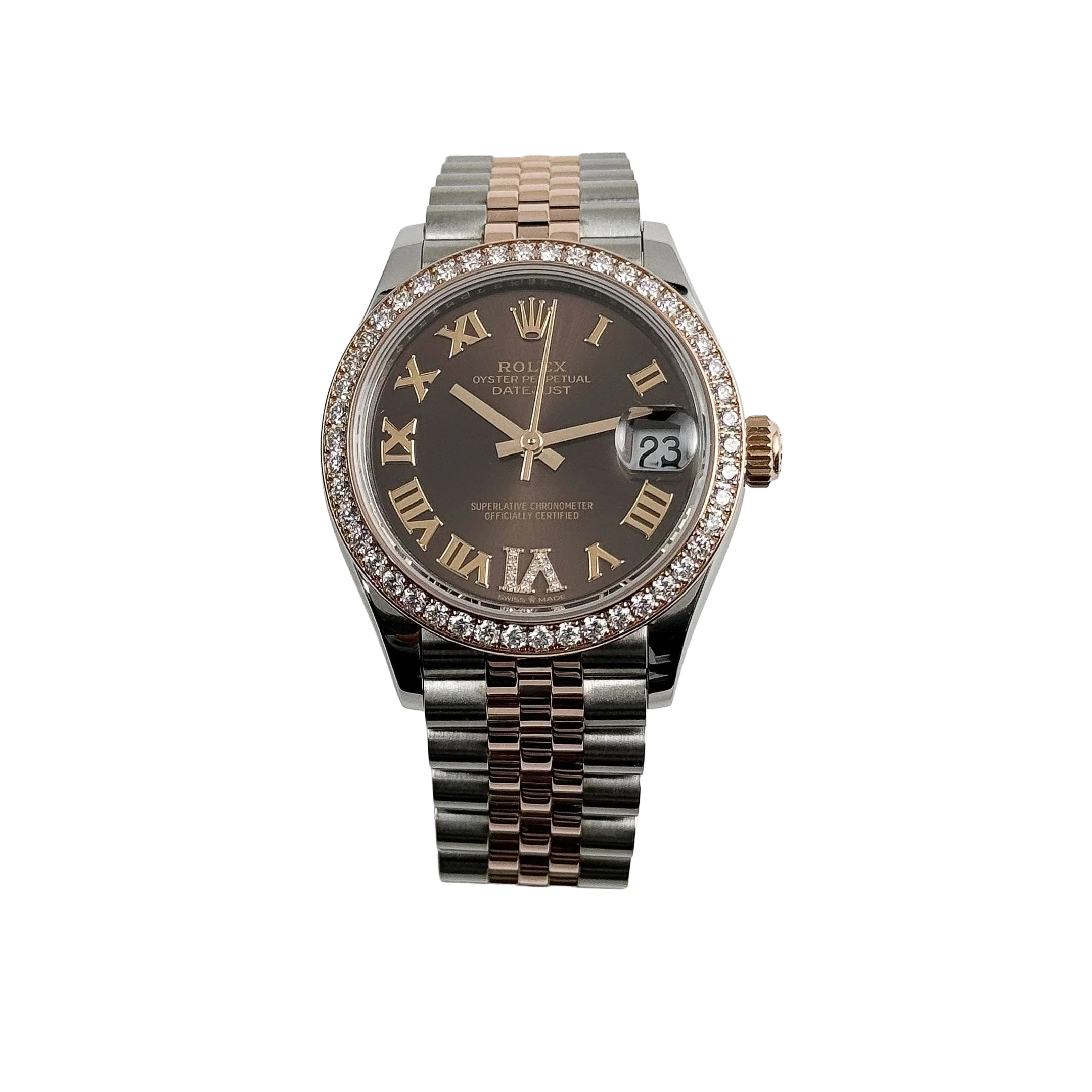 Lady-Datejust 31mm 278381RBR Stainless Steel Rose Gold Brown Roman Numerals Diamond Dial Diamond Bezel Jubilee