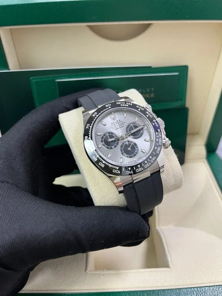 Daytona 40mm 116519 White Gold Steel Index Black Oysterflex Rubber Strap